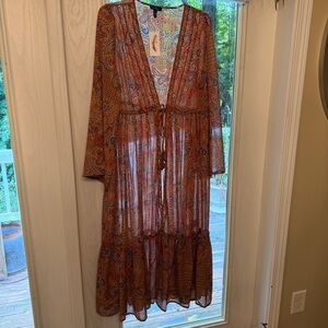 Jessica Simpson Marilyn Sheer Floral Tue-Front Duster Kimono Fall Colors